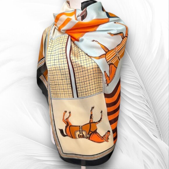 Silk-Feeling Equestrian Print Scarf, Large Square Horse Pattern Shawl - Picture 4 of 6